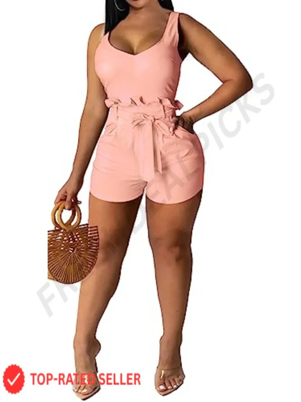 Women's Sleeveless Romper with Pockets & Belt, Scoop Neck, Zipper